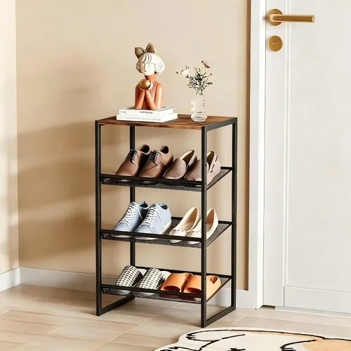 Miniatura 9 de Garden 4 you Zapatero estrecho de 3 niveles para armario, zapatero pequeño con mesa de madera marrón, estante de zapatos de metal ajustable