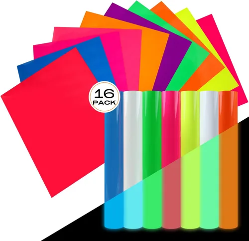 FUNKAKA Paquete de 16 láminas de vinilo de transferencia de calor que brillan en la oscuridad y fluorescencia, paquete de 16 hojas de vinilo HTV de
