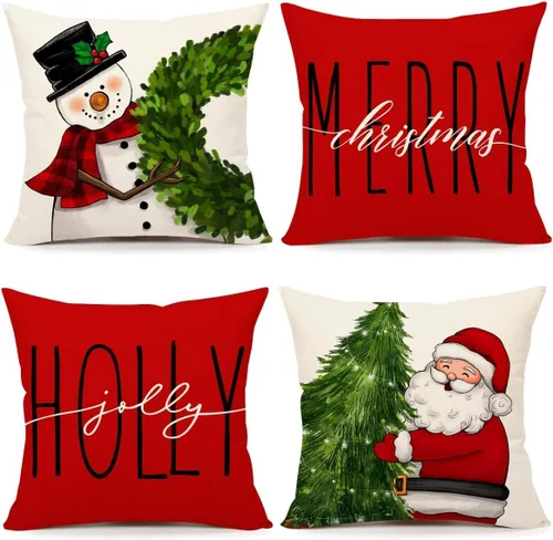 Miniatura 12 de PSDWETS Juego de 4 fundas de almohada de Navidad de 18 x 18 pulgadas, decoración de Navidad, muñeco de nieve, corona de Papá Noel, árbol de Navidad