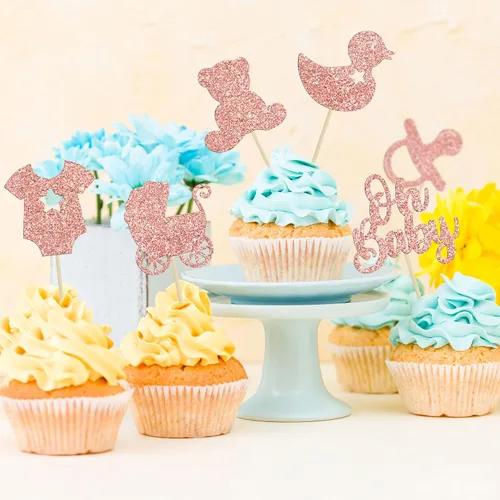 Miniatura 6 de Gyufise 36 piezas Adornos para cupcakes de baby shower con purpurina, chupete, carrito de bebé, oso, Oh Baby, púas para cupcakes para revelación