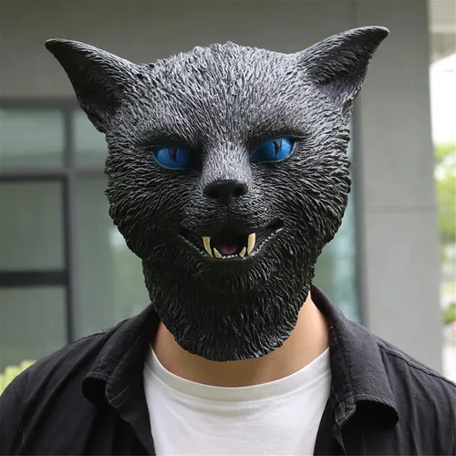 NA - Máscara realista de látex de cabeza completa para gato, máscara de animal de terror, máscara de gato negro para Halloween, Navidad, accesorios
