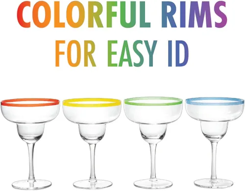 Miniatura 5 de Vasos de cóctel Margarita de 12 onzas + bordes coloridos para fiesta, juego de 4, resistentes, gruesos, soplados a mano, copas clásicas de bebidas