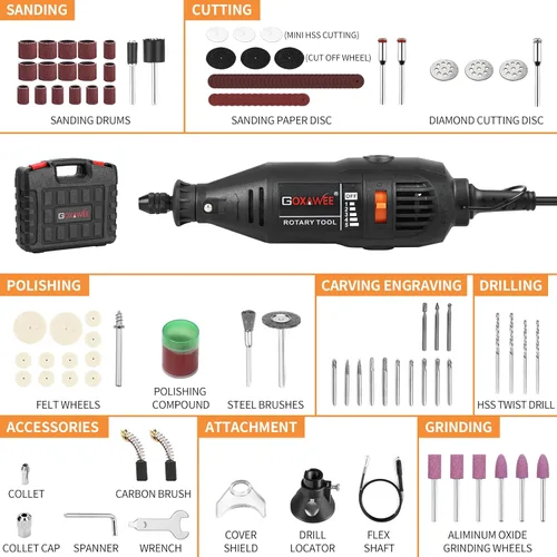 Miniatura 6 de GOXAWEE Kit de herramientas rotativas con portabrocas sin llave MultiPro y eje flexible, 140 piezas, accesorios de velocidad variable, juego de Negro