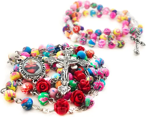 Rosario rojo colorido del corazón sagrado con cuentas de rosario católico para mujer y rosario para mujer - Conjunto de rosario colorido y pulsera