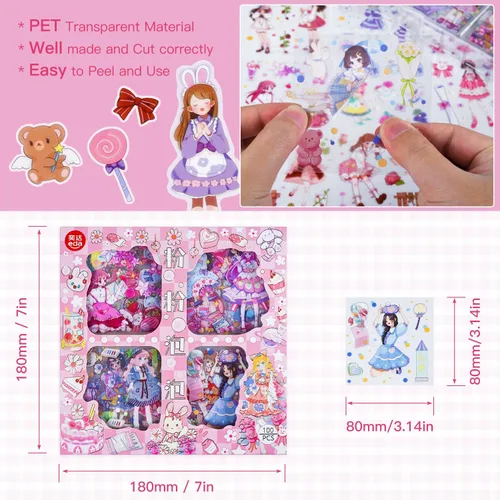 Miniatura 3 de Juego de 100 hojas de calcomanías Kawaii para álbumes de recortes para diario, calcomanías transparentes para diario, diarios basura, ideal