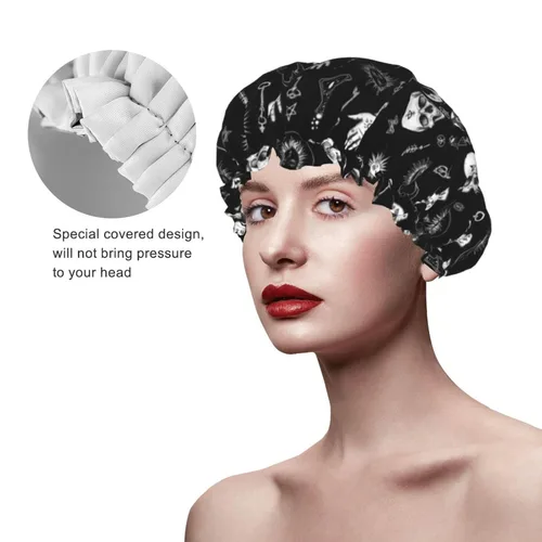 Miniatura 4 de Gorro de ducha gótico, cuervo, cuervo, calavera, luna, estrella, gótico, gorra de baño diseñada para mujeres, impermeable, doble capa