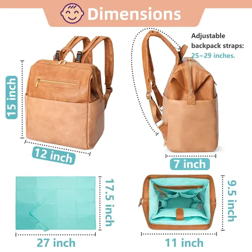 Miniatura 6 de MOMINSIDE Mochila para pañales, bolsa de pañales de cuero, bolsa de bebé, bolsa de pañales grande para bebé, bolsa de mamá con 16 bolsillos, bolsa