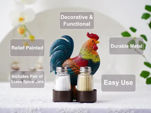 Miniatura 2 de Juego de salero y pimienta con diseño de gallo - Dos saleros de vidrio con tapas, soporte vintage de metal con diseño de gallo para especias