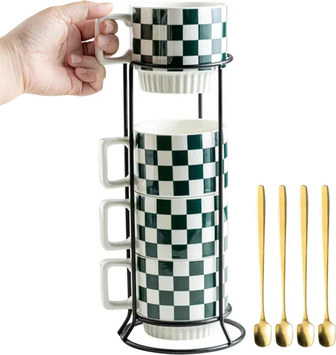 Miniatura 11 de Miamolo Juego de 4 tazas de café apilables con estante de 11 oz, juego de tazas de té con cuchara pequeña para café, té, cacao, leche, taza de café