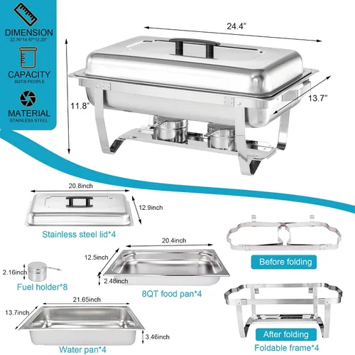 Miniatura 6 de Juego de Bandejas Calentadoras (Chafing Dish) para Buffet de 4 Piezas, Bandeja de Comida Rectangular Plegable de Acero Inoxidable de 8 Cuartos