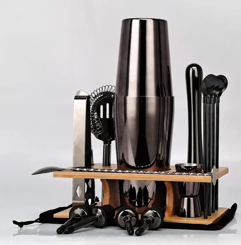 Miniatura 6 de Kit de coctelera de 17 piezas con soporte, coctelera Boston, cuchara mezcladora, Muddler, jigger medidor, exprimidor de limón, pinzas, sacacorchos