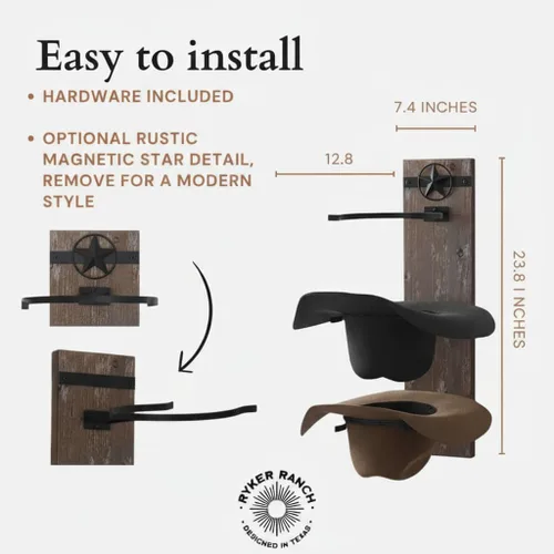 Miniatura 5 de Ryker Ranch Perchero de sombrero de vaquero para pared Perchero para sombreros occidentales Percha para sombreros de vaquero de madera rústica