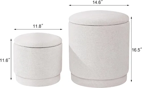 Miniatura 2 de Homebeez Juego de 2 otomanas redondas de almacenamiento, taburete tapizado de felpilla con tapa extraíble para sala de estar y dormitorio, asiento