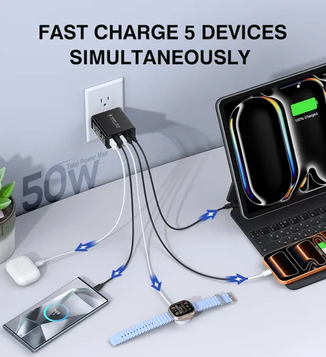 Miniatura 2 de [Paquete de 2] Cargador de pared USB C, bloque de cargador USB C de 50 W, bloques de carga rápida PD de 5 puertos, 2USB C + 3USB A enchufe