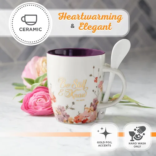 Miniatura 5 de Taza de café y té con escritura de Christian Art Gifts con juego de cucharas de cerámica para mujeres: Be Still and Know - Salmo 46:10 Mensaje