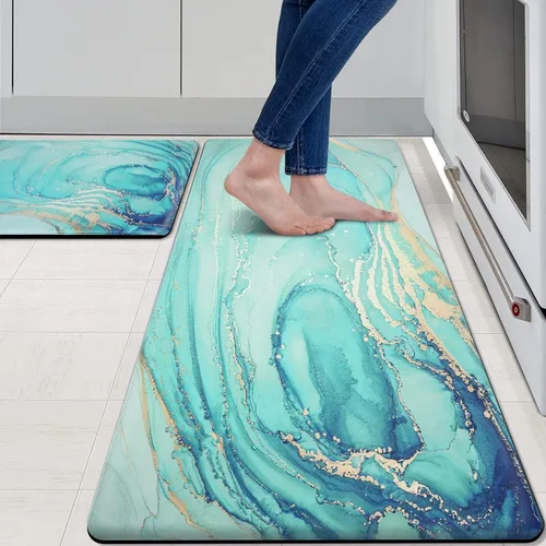 Miniatura 17 de MAYHMYO Juego de 2 tapetes de cocina antifatiga, diseño de mármol y azul, alfombrillas acolchadas y antideslizantes