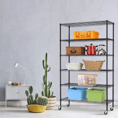 Miniatura 6 de HCY Estante de almacenamiento de 6 niveles, estantería resistente, estante de metal ajustable en altura NSF con ruedas para lavandería, baño