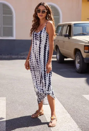 Miniatura 4 de Supnier - Vestido largo de verano para mujer, vestido flora, informal y bohemio con cuello en V, sin mangas, con tirantes delgados y bolsillos