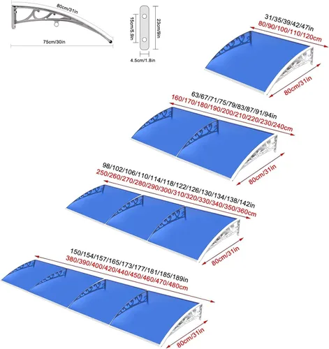 Miniatura 5 de Toldo para ventana de patio al aire libre, toldo curvado azul para puerta, refugio de lluvia, toldo de porche, cubierta de policarbonato