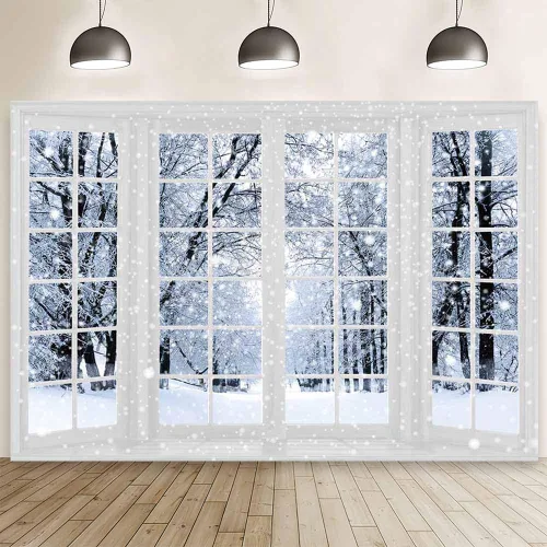 MEHOFOND Telón de fondo de fotografía de invierno de 8 x 6 pies con diseño de bosque de nieve blanca, ventana, copo de nieve, árbol, decoración de