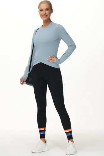 Miniatura 5 de Camisetas de compresión de manga larga para mujer, con dobladillo cruzado, atléticas, para correr, yoga, con agujero para el pulgar