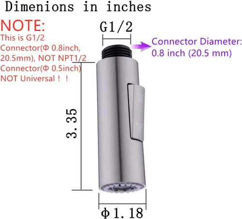 Miniatura 2 de Cabezal rociador extraíble para grifo de cocina, cabezal de repuesto de grifo de cocina de 2 funciones en forma de columna, 1.8 GPM G1/2 (no NPT1/2)