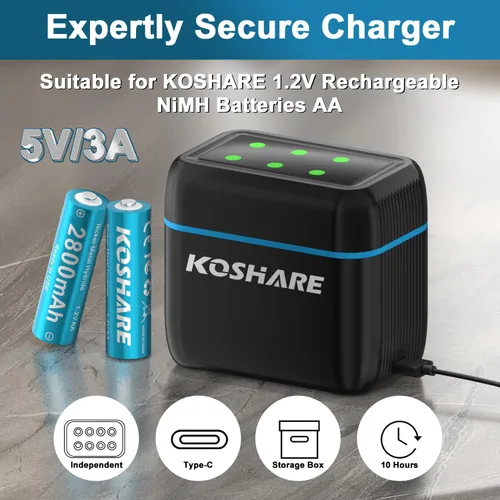 Miniatura 5 de Batería AA recargable con cargador, 16 baterías Ni-MH de 1.2 V con 16 x 2800 mAh AA de alta capacidad, 800 ciclos, precarga, tipo C y cargador de 8