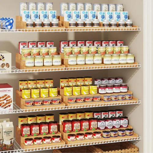 Miniatura 2 de Organizador de latas de bambú expandible para despensa, soporte de almacenamiento de latas ajustable de 3 niveles, organizador de soda con capacidad