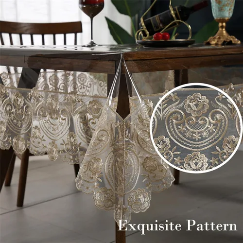Miniatura 4 de Mantel rectangular de plástico transparente de vinilo impermeable, borde de encaje bordado, mantel transparente para comedor, cocina al aire libre
