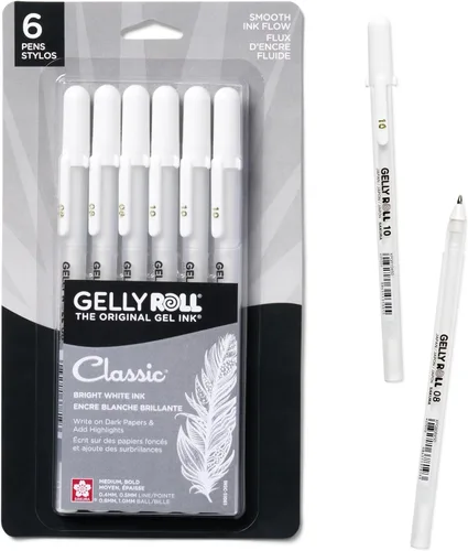 SAKURA - Bolígrafos de tinta gel Gelly Roll - Puntas medias y gruesas para diario, arte o dibujo - Tinta blanca clásica - Puntas de tamaños variados