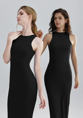 Miniatura 3 de Relety Vestidos largos ajustados para mujer, acanalados, sin mangas, elegante, cuello halter, casual, sin mangas, vestidos de verano