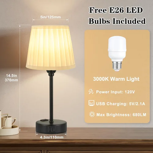 Miniatura 3 de Juego de 2 lámparas de noche blancas para dormitorio, pantalla plisada blanca con puertos de carga USB, lámparas táctiles para mesita de noche