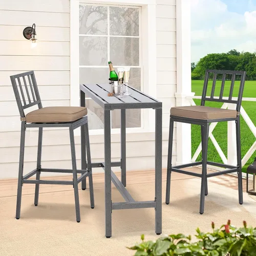 Miniatura 3 de Sillas y mesa de bar al aire libre, juego de bar de metal para patio con taburetes y cojines para patio trasero, porche, bistró, balcón