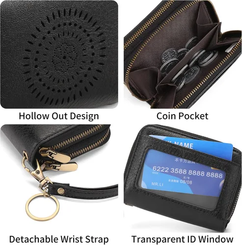 Miniatura 4 de SENDEFN Tarjetero de cuero para tarjetas de crédito, cartera pequeña para mujer, bloqueo RFID, doble cremallera con ventana de identificación