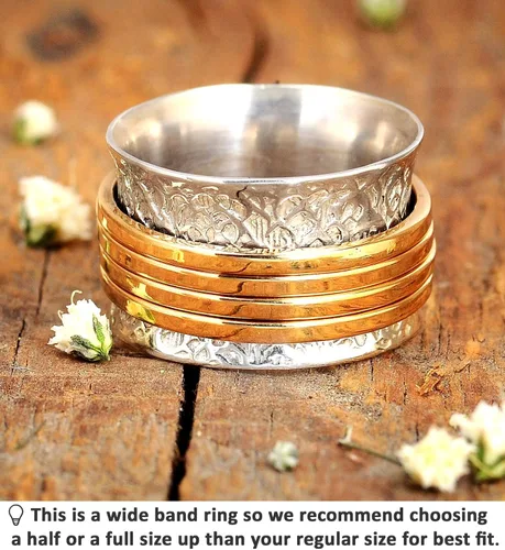 Miniatura 7 de Boho-Magic Anillo giratorio de plata de ley 925 para mujer con 4 anillos de latón para ansiedad, banda ancha gruesa, Metal