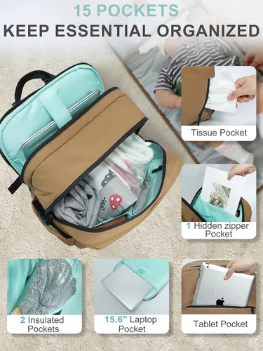 Miniatura 6 de MOMINSIDE Mochila para pañales – Bolsa de pañales acolchada grande – Bolsa de pañales de neopreno acolchada, cambiador grande, 15 bolsillos, ligera