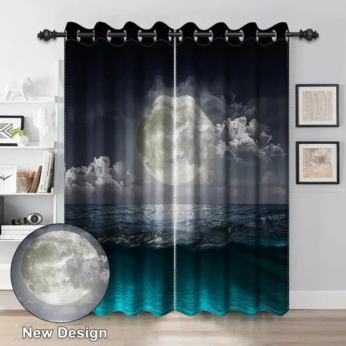 Miniatura 2 de Renaiss Cortinas opacas con luna llena y océano, cortinas de ventana de paisaje nocturno para dormitorio, nivel del mar, cortinas de ventana
