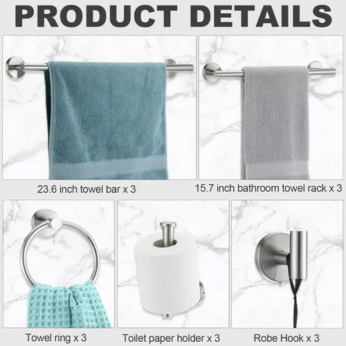 Miniatura 3 de Gisafai Juego de 15 accesorios de baño de níquel cepillado, toalleros plateados para baño, acero inoxidable SUS304 de 23.6 pulgadas, soporte