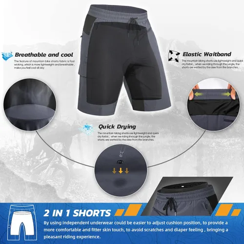 Miniatura 2 de Hiauspor Pantalones cortos acolchados de ciclismo de montaña para hombre, ajuste holgado, de secado rápido, para ciclismo con 5 bolsillos