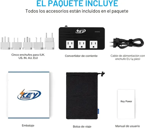 Miniatura 8 de Key Power Convertidor de voltaje reductor de 220 V a 110 V de 230 vatios y adaptador de viaje internacional/convertidor de corriente con puerto