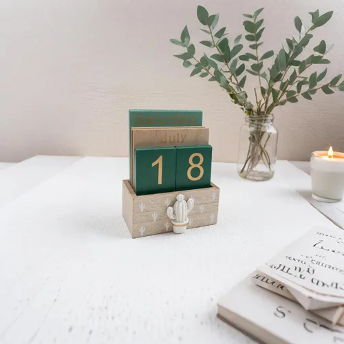 Miniatura 7 de Notakia Calendario perpetuo, calendario de madera para oficina en casa, accesorios de escritorio, calendario vintage de bloques de madera (verde)