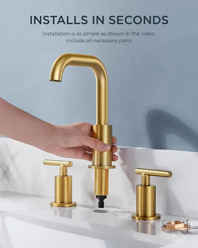 Miniatura 7 de FORIOUS Grifo de lavabo de baño dorado cepillado de 3 agujeros, 2 manijas de 8 pulgadas de separación amplia, grifos de baño, boquilla giratoria