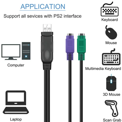 Miniatura 4 de Adaptador PS/2 a USB, cable adaptador de teclado y ratón, PS/2 hembra a USB A macho con chip, 2 cables convertidores 2 en 1 PS-2 a USB 2.0