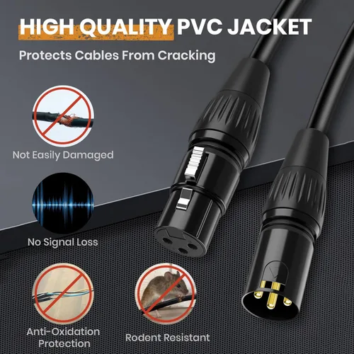 Miniatura 6 de Cable DMX de 10 pies, paquete de 8 cables flexibles XLR chapados en oro de 3 pines macho a hembra, cable para señal de iluminación de escenario