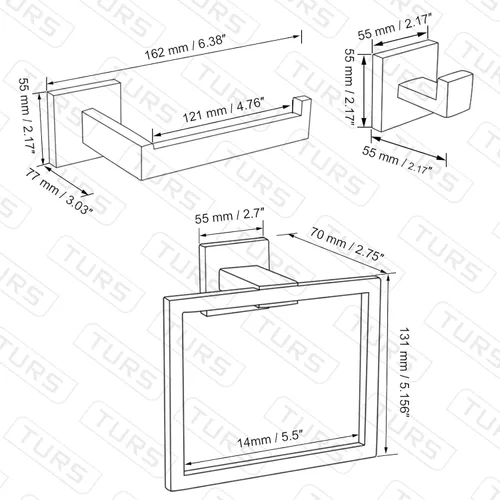 Miniatura 7 de TURS Juego de 3 toalleros negros con anillo para toallas, gancho para toallas de baño, de acero inoxidable, montaje en pared.