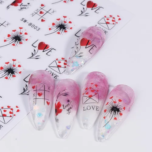 Miniatura 5 de Calcomanías de uñas de San Valentín, 6 unidades, calcomanías de uñas de corazón 3D, autoadhesivas, calcomanías de arte de uñas, diseño de flores