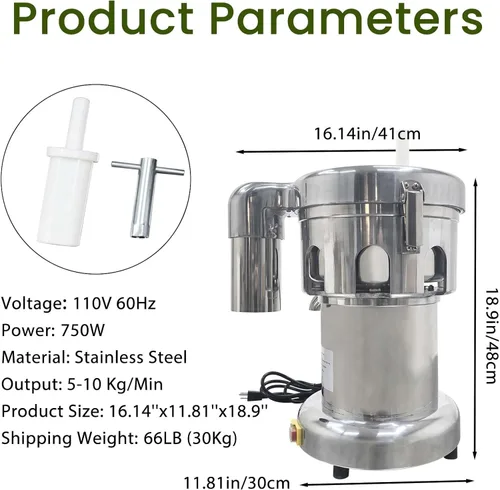 Miniatura 5 de Exprimidor comercial de verduras y frutas, separado automático de jugo y residuos, prensa de jugo resistente con varilla de empuje, exprimidor