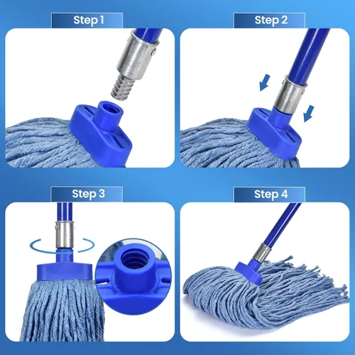 Miniatura 6 de Matthew - Cabezales de repuesto para trapeador húmedo de algodón resistente (azul, mediano, paquete de 12) con 2 paños de microfibra para uso