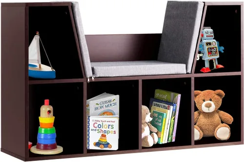 HONEY JOY Organizador de rincón de lectura con cojín de asiento, estantería para niños con rincón de lectura, estante de almacenamiento de esquina