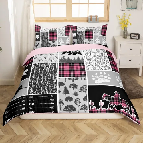 Miniatura 27 de Funda de edredón rústica tamaño Queen, juego de ropa de cama retro para cabaña de cabaña, oso de caza, ciervo, hojas de arce, funda de edredón